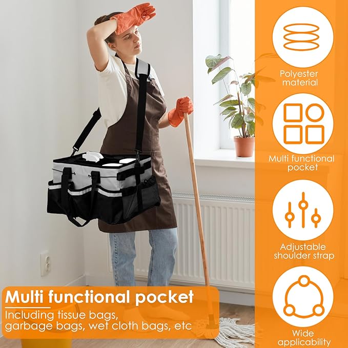 Wearable Cleaning Caddy Bag, Large Cleaning Supplies Organizer with Handle and Adjustable Strap, Kitchen Caddy Storage Bag with 5 Compartments for Housekeepers, Under Sink and Car Cleaning Organizer