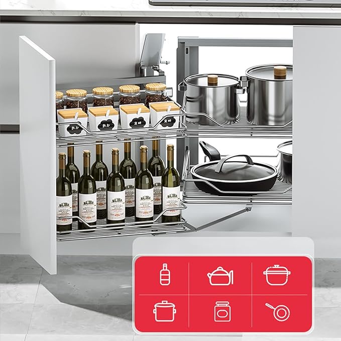Gdrasuya10 Stainless Steel Blind Corner Cabinet Pull Out Organizer, 2 Tier Corner Pull Out Cabinet Steel Slide Out Organizer Kitchen Deep Cabinet Storage Organizer Shelf for 16" Left Opening Door