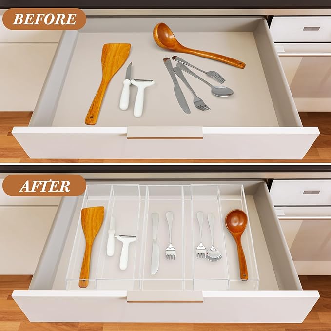 1 Pack Expandable Kitchen Drawer Organizer Clear Acrylic Utensil Organizer Adjustable Acrylic Silverware Storage for Drawers Silverware Flatware Knives (12 x 16 Inches,3-5 Compartments)