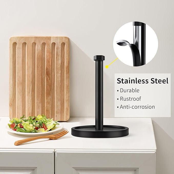 Paper Towel Holder Countertop, Stainless Steel Paper Towel Holder -Weighted Base, One-Handed Tear, Black Kitchen Roll Holder, Non-Slip Protect The countertop-New Black