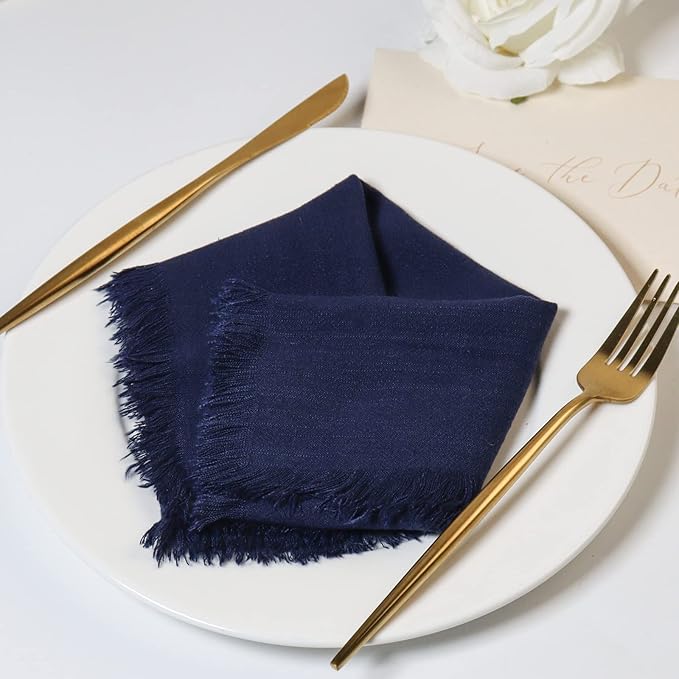 Handmade Cloth Napkins with Fringe,18 x 18 Inches Cotton Linen Napkins Set of 6 Versatile Handmade Square Rustic Fringe Napkins for Dinner, Wedding and Parties, Navy Blue