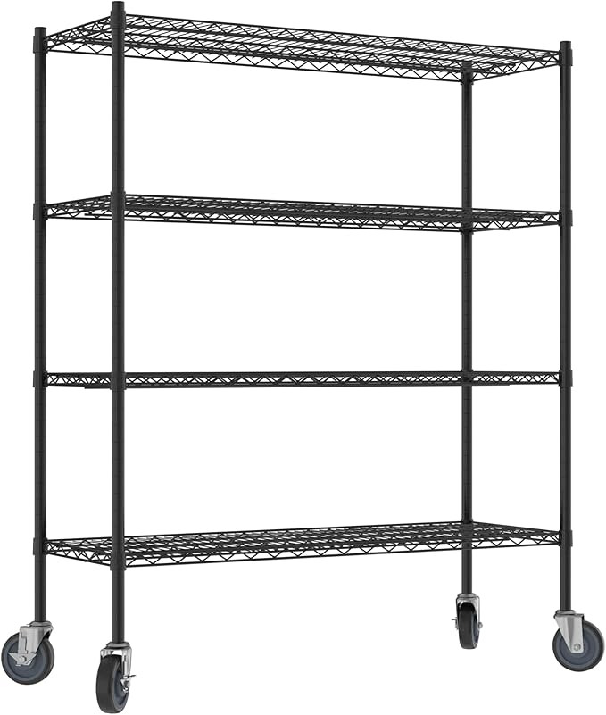Commercial NSF Listed Black Epoxy Mobile Wire Shelving Kit 18" x 48" x 60", with 4 Shelves Perfect for Warehouse, Walk-in Refrigerator, Freezer, Grocery Store, Restaurant, Dishroom