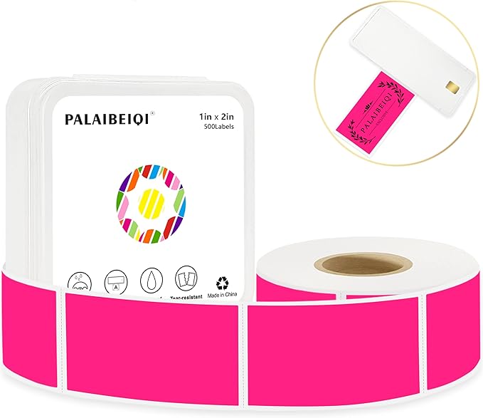 PALAIBEIQI 1x2 Inch Thermal Labels,500PCS Rectangle Stickers,Waterproof Removable Blank Stickers for Address,Jars,Freezer Containers & Pantry Organization,Fluorescent Pink
