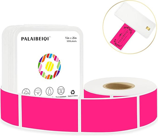 PALAIBEIQI 1x2 Inch Thermal Labels,500PCS Rectangle Stickers,Waterproof Removable Blank Stickers for Address,Jars,Freezer Containers & Pantry Organization,Fluorescent Pink