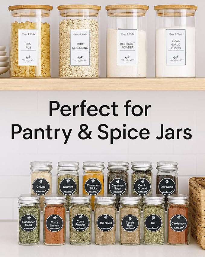 388 Pcs Spice Jar Labels Stickers Waterproof Preprinted Pantry Labels with Blank Label, Black & White Stickers for Kitchen Jars Food Containers Spice Organizers Storage Bins