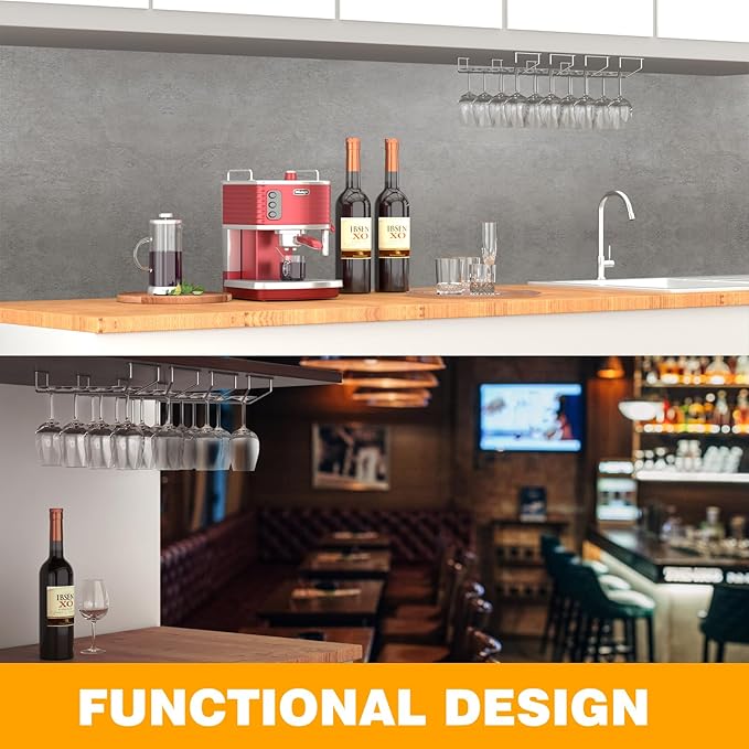 14-Inch Under Cabinet Wine Glass Holder - Metal Stemware Hanger, Single Rail Wine Glass Hanging Rack for Kitchen Bar - Set of 3