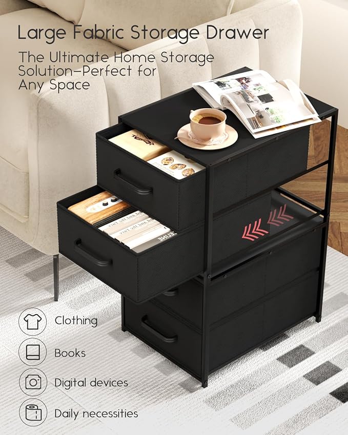Stackable Storage Drawers - 2 Tier Closet Drawers, Closet Organizer with Metal Handles, Night Stand with Collapsible Bins, Fabric Dresser for Bedroom, Dorm, Office, Black, 1 Pack