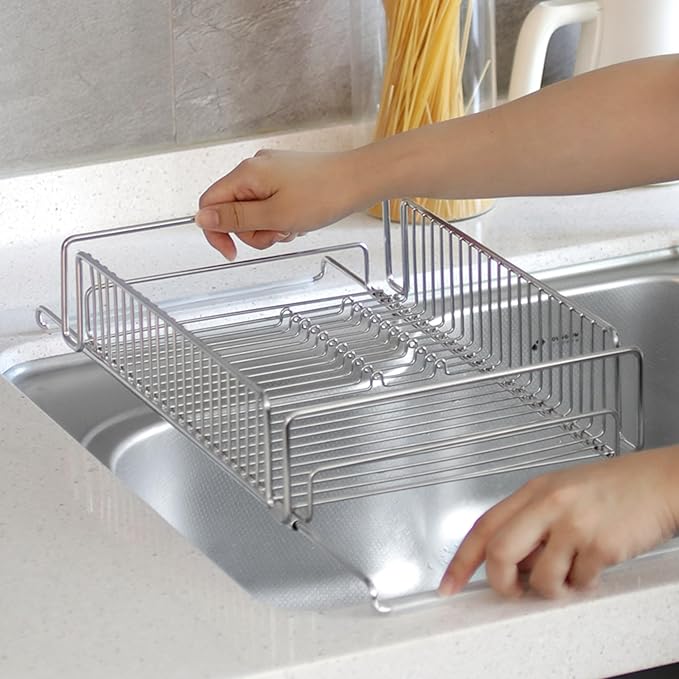 Expandable Over The Sink Dish Drying Rack – Adjustable SUS 304 Stainless Steel Dish Drainer (14"–24" Length), Rust-Resistant Large Drying Organizer, Compact Space Saving Kitchen Rack