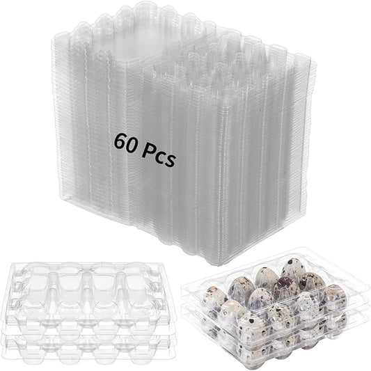 Varku 60 Pcs Quail Egg Cartons,12-slot Plastic Egg Cartons Trays Bulk,3x4 Grids Clear Storage Containers Fresh Chicken Eggs Reusable Small Quail Holder Trays Basket,Compact Stackable Design