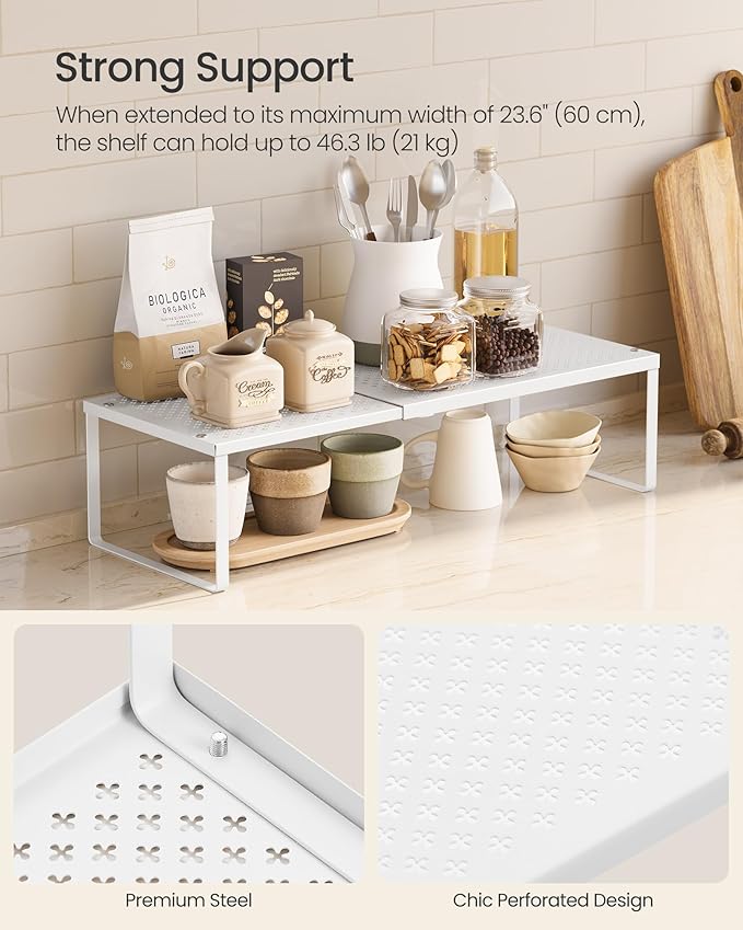 SONGMICS Expandable Pantry Kitchen Organizers, Adjustable Spice Rack, Stackable Cabinet Organizers, Metal, Space-Saving Tabletop Shelves, Matte White UKCS007W01