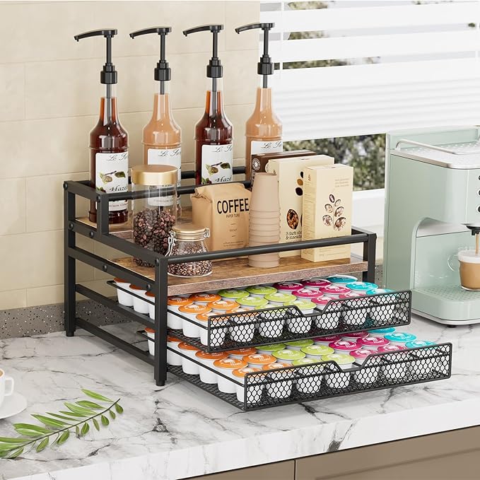 4 Tier Coffee Syrup Rack Organizer, Coffee Bar Organizer with 2 Sliding Drawers for K Cup Holder, Coffee Pod Holder for Coffee Station, Kitchen or Office Countertop, Brown