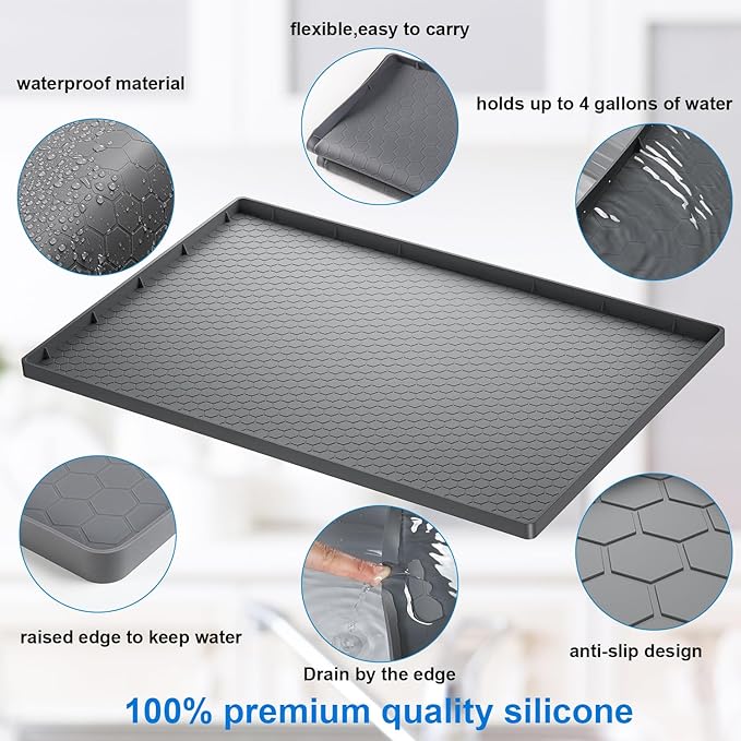 Under Sink Mats for Kitchen Waterproof - 22" x 19" Waterproof Kitchen Cabinet Mat - Flexible Silicone Under Sink Liner - Bathroom Cabinet Mat and Protector for Drips Leaks Spills (Gray)
