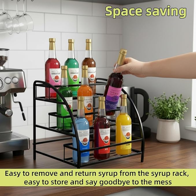 Coffee Syrup Organizer Rack, 9-12 Bottles Syrup Stand Holder for Countertop, 3 Tier Metal Small Wine Rack, Bottle Storage Shelves for Coffee Bar Station, Kitchen, Spice, Soda, Dressing