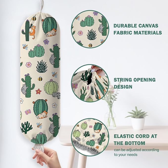 Plastic Bag Holder, Grocery Bag Organizer Storage, Kitchen Dispenser Holders Reusable Shopping with Adjustment Drawstring Closure for Kitchen Farmhouse Decor, Cactus