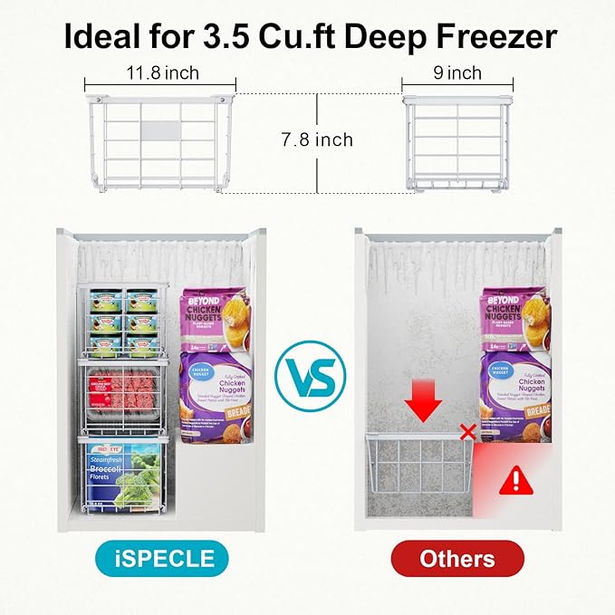 iSPECLE Deep Freezer Organizer Bins - for 3.5 Cu.Ft Chest freezer, 3 Pack Stackable Chest Freezer Organizer with Label Plates & Folding Handles, Heavy Duty Metal Storage, Assembly Required, White