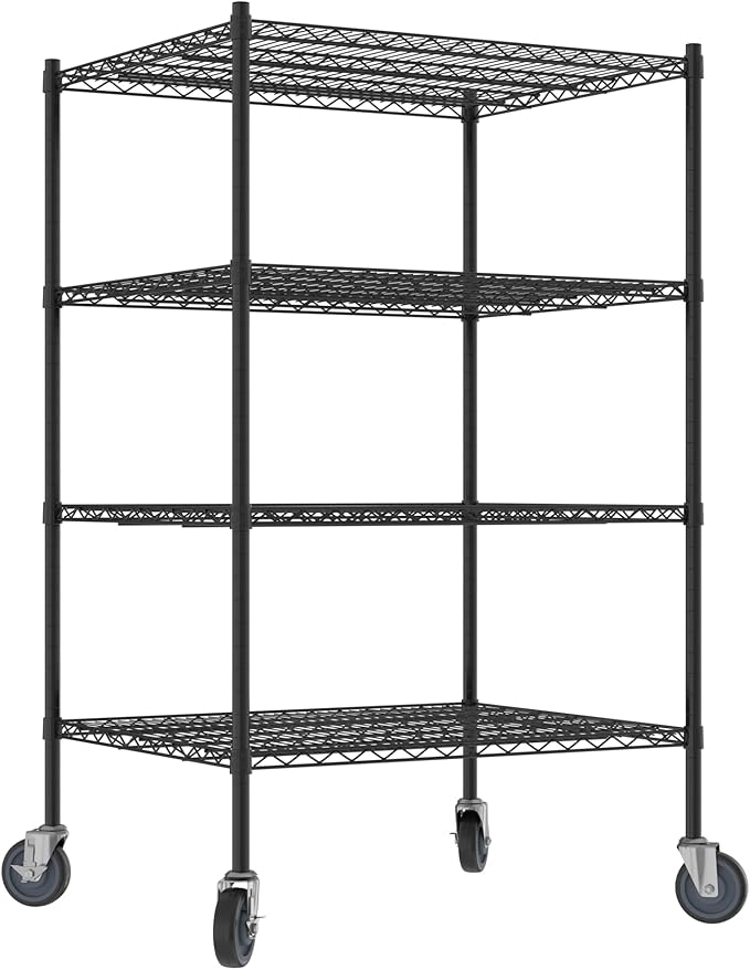 Commercial NSF Listed Black Epoxy Mobile Wire Shelving Kit 30" x 36" x 60", with 4 Shelves Perfect for Warehouse, Walk-in Refrigerator, Freezer, Grocery Store, Restaurant, Dishroom