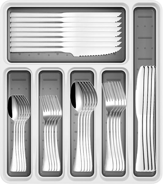 49-Piece Stainless Steel Silverware Set with Cutlery Organizer, Service for 8 with Steak Knives and Kitchen Utensils (49PCS Silverware with Tray)
