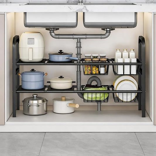Under Sink Organizers – Expandable 2 Tier Under Cabinet Storage Rack with Adjustable Shelves, 4 Baskets & Panels, Heavy Duty Metal, Fits Around Pipes for Kitchen & Bathroom (Black)