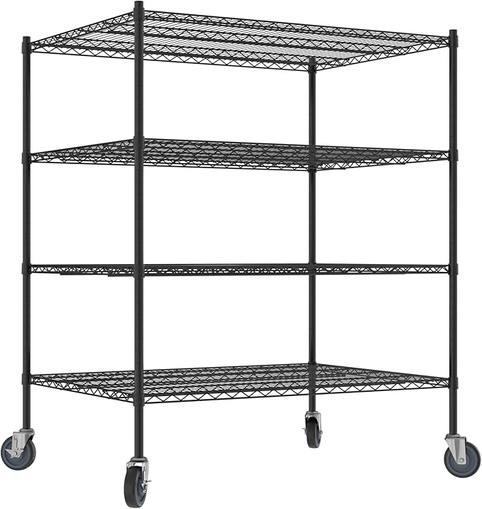 Commercial NSF Listed Black Epoxy Mobile Wire Shelving Kit 36" x 48" x 60", with 4 Shelves Perfect for Warehouse, Walk-in Refrigerator, Freezer, Grocery Store, Restaurant, Dishroom