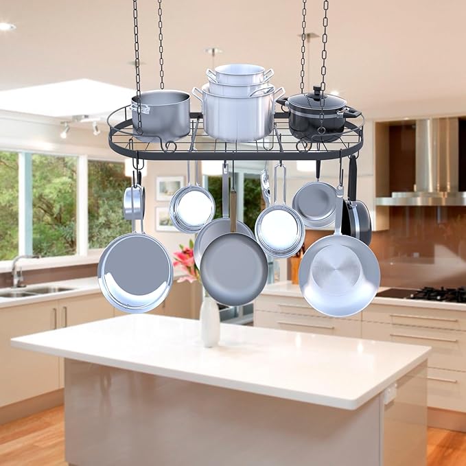 33' Oval Pan Rack Hanging, Heavy Duty Ceiling Pot Rack with Hooks, Metal Pot Hanger with Grid, Pan and Pot Hangers for Kitchen Cookware Utensils Toiletries, Easy Assembly, Black