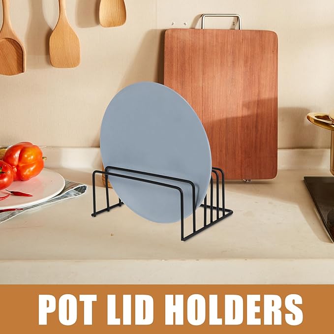 2PCS Metal Kitchen Organizer Rack Adjustable Compartments Pot Lid Holder and Vertical Plate Stand for Cabinet Storage Cutting Board and Baking Sheet Organizer