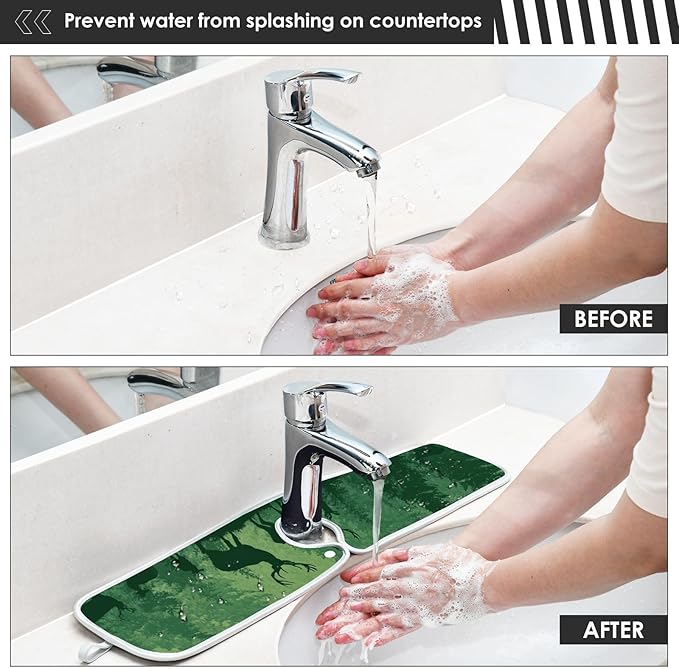 2 PCS Kitchen Sink Splash Guard 14.9 Inch Faucet Mat for Kitchen Sink Bathroom Sink Faucet Absorbing Drip Drain Mat Pad Microfiber Soft Washable Purple and Green Stag Forest Trees