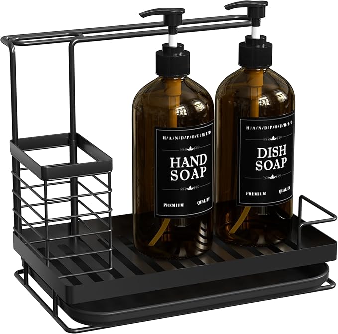 Sponge Holder for Kitchen Sink Caddy with High Brush Holder,Stainless Steel Kitchen Sink Organizer Set with 2 Lotion Dispenser,Kitchen Accessories Storage for Countertop