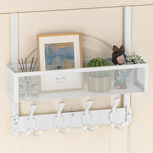 Over The Door Hooks Organizer, Over The Door Coat Rack with 12 Coat Hooks, Door Hanger Towel Rack, Back of Door Storage for Bedroom, Kitchen, Bathroom(White)