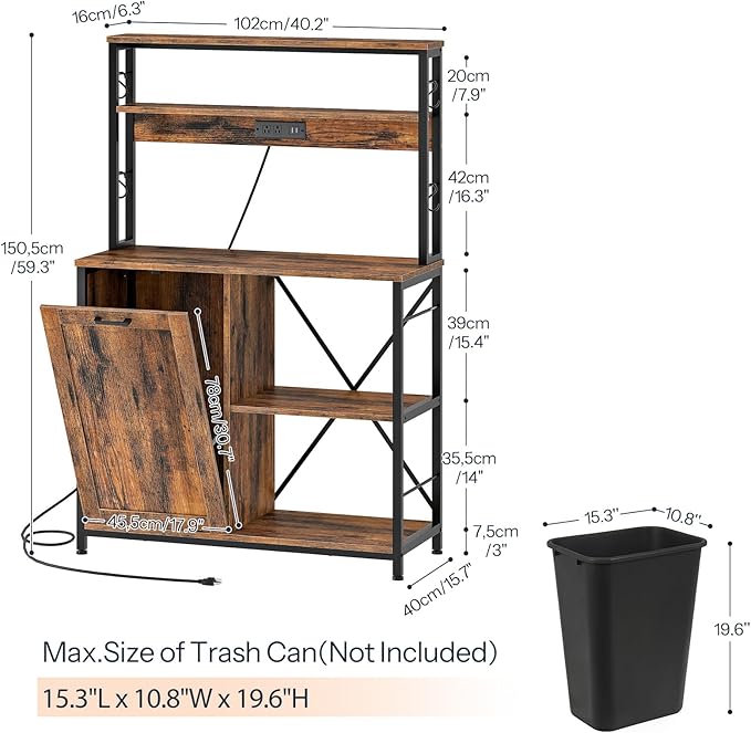 HOOBRO Bakers Rack with Power Outlet, Microwave Stand with Trash Can Bin Cabinet, 5-Tier Kitchen Storage Shelf Cabinet, Tall Coffee Bar Table Station for Dining Room, Rustic Brown and Black BF50UHB01