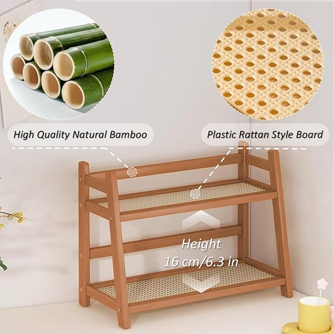 Household 2-Tier Cup Shelf Organizer, Kitchen Counter Shelf for Tea Coffee Bar Accessories, Bamboo Mug Holder Countertop, Matcha Stand, Cup Display, Condiment Storage Rack - Brown