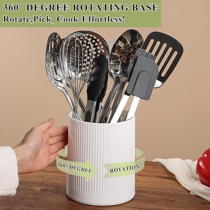 HOMQUEN 360° Rotating Utensil Holder, 6.3''+4.7'' Plastic Kitchen Utensil Holder for Countertop, Large Cooking Utensil Crocks for Kitchen Decor, Utensil Organizer for Spatula, Set of 2 (White)