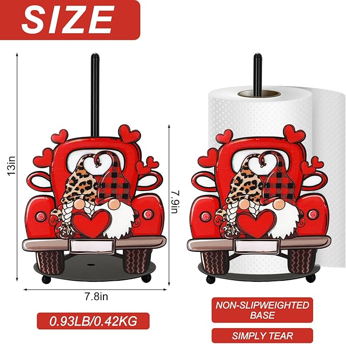 JarThenaAMCS Valentine's Day Paper Towel Holder Gnome Truck Kitchen Decor Accessories Large Metal Towel Holder Stand for Home Bathroom Countertop