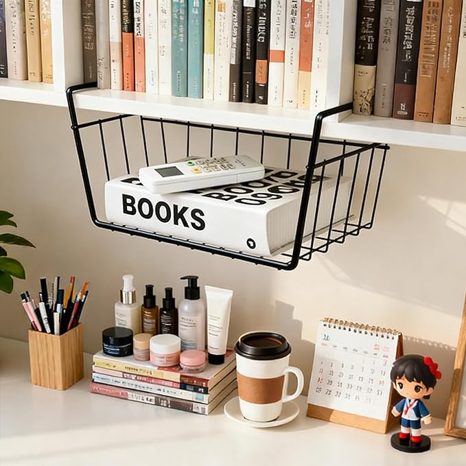 JIABEIUS 8 Pack Under Shelf Storage Basket, Hanging Under Cabinet Wire Rack with 8pcs Hooks, Slide-in Baskets Organizer for Kitchen Pantry Counter Desk Bookshelf (Black)