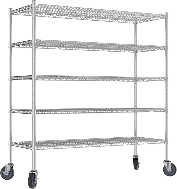 Commercial NSF Listed Chrome Mobile Wire Shelving Kit 21" x 54" x 60", with 5 Shelves Perfect for Warehouse, Walk-in Refrigerator, Freezer, Grocery Store, Restaurant, Dishroom