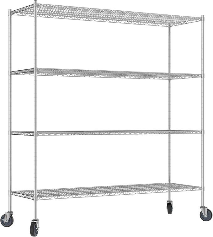 Commercial NSF Listed Chrome Mobile Wire Shelving Kit 24" x 72" x 80", with 4 Shelves Perfect for Warehouse, Walk-in Refrigerator, Freezer, Grocery Store, Restaurant, Dishroom