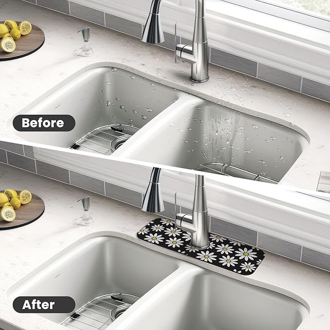 Daisy Flowers Floral Black Kitchen Sink Splash Guard Faucet Mat Super Absorbent Fast Drying Mat Sink Gadgets-Fast Drying Pad Sink Mat For Kitchen Bathroom (15" X 5.5" )