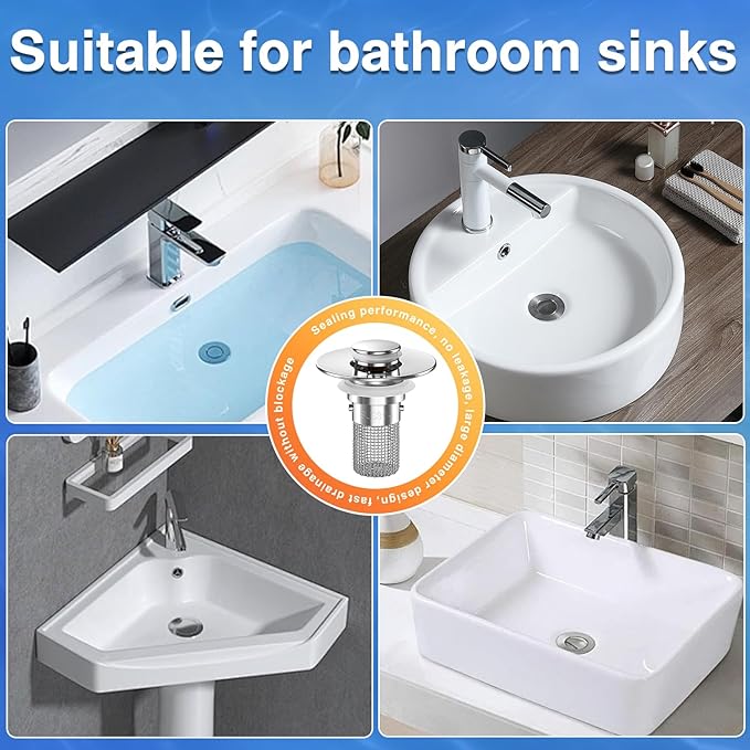 Sink Stopper Hair Catcher, Pop-up Sink Drain Strainer with Removable Stainless Steel Strainer Basket Hair Catcher, Bathroom Sink Strainer for Bathroom Sink Stopper Replacement(4PCS)