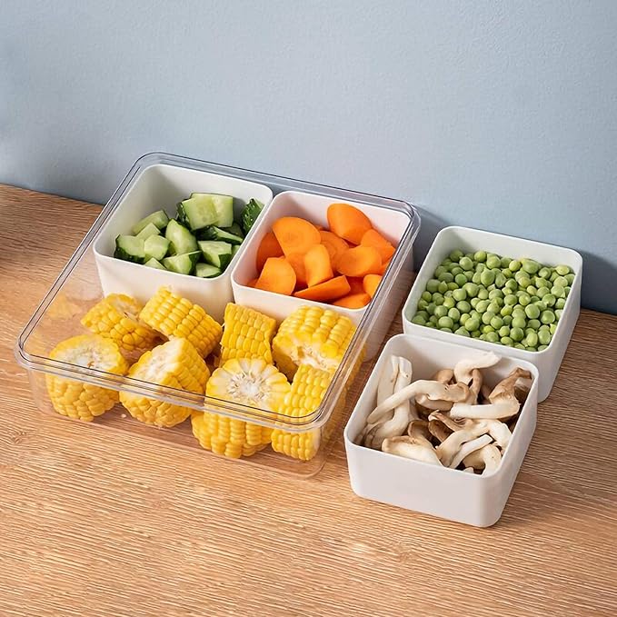 MineSign Divided Serving Tray with Lid for Veggie Charcuterie Container Portion Control Salad Keeper with 4 Removable Boxes Stackable Refrigerator Organizer Bins Food Storage Organizer Produce Saver