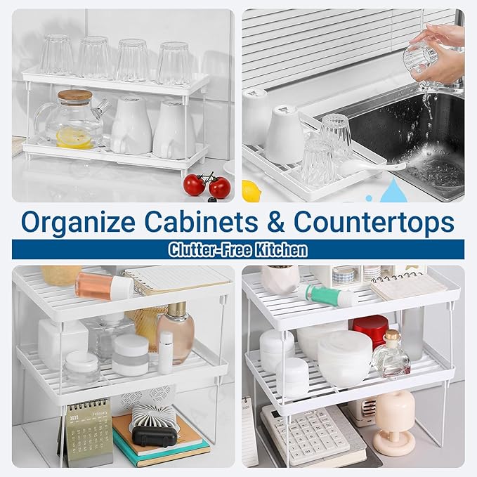 2-Pack Kitchen Cabinet Organizer Shelves – Foldable Countertop Shelf Rack for Plates, Bowls & Pantry Items – Space-Saving Storage for Kitchen, Bathroom & Office – Easy Assembly, No Drilling