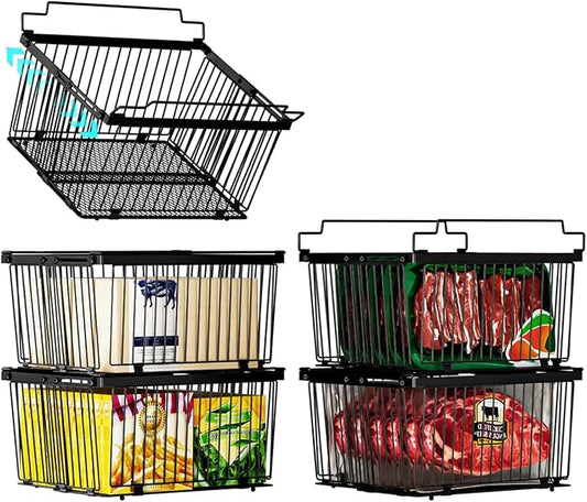 Large Freezer Organizer Bins，Upgraded Bottom Leak-Proof net，Fit 5 to 9 Cu Ft Chest Freezer，5 Pack， Expandable Stackable Chest Freezer Containers with Handle (Black-5P)