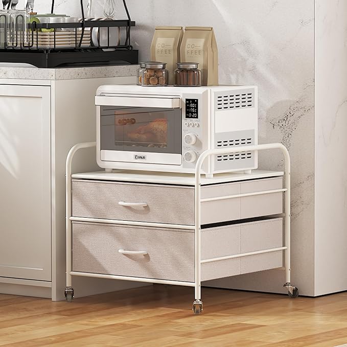 Mini Fridge Stand, Fridge Stand with Storage, 2 Drawer Fridge Cart, Organizer Unit for Mini Fridge, Fridge Stand Table, Mini Fridge Table with Swivel Wheels,White