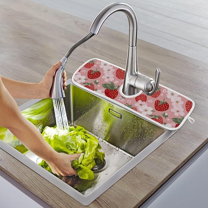 2 PCS Kitchen Sink Splash Guard 14.9 Inch Faucet Mat for Kitchen Sink Bathroom Sink Faucet Absorbing Drip Drain Mat Pad Microfiber Soft Washable Pink and Red Strawberry Flowers