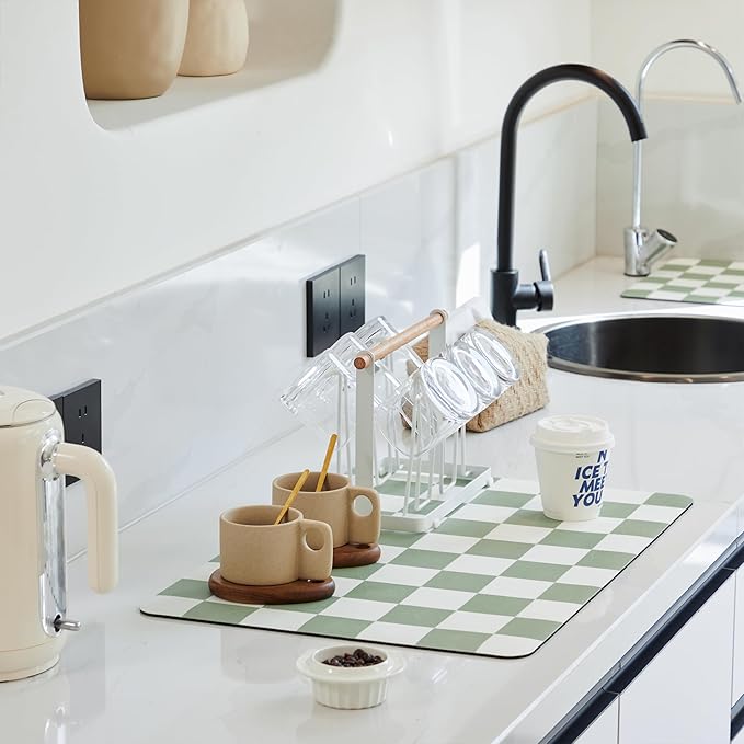 Checkered Dish Drying Mat for Kitchen Counter, Coffee Bar Station Accessories, Retro Cute Aesthetic Modern Absorbent Drainer Mat Kitchen Drying Mat Easy Clean, Sage 12" x 19"