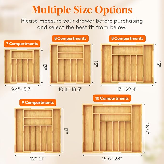 Lifewit Silverware Drawer Organizer, Expandable Utensil Tray for Kitchen, Bamboo Flatware and Cutlery Holder, Wood Adjustable Storage for Spoons Forks Knives, 13-22x15"/ 33 -56x38cm, Natural and Black