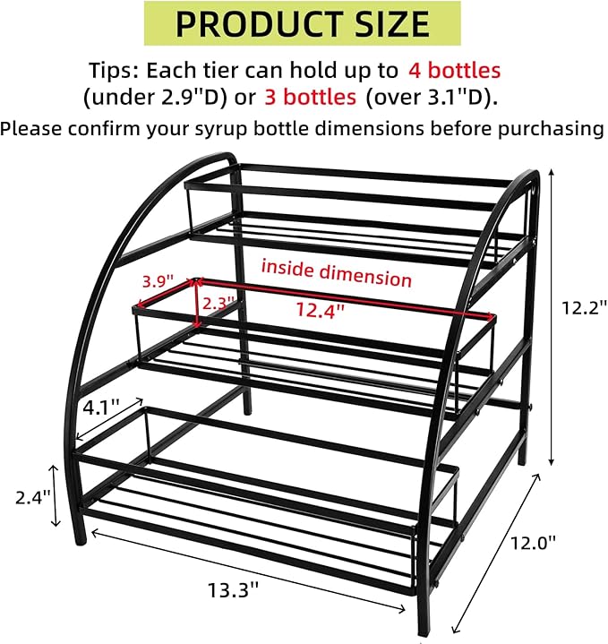 Coffee Syrup Organizer Rack, 9-12 Bottles Syrup Stand Holder for Countertop, 3 Tier Metal Small Wine Rack, Bottle Storage Shelves for Coffee Bar Station, Kitchen, Spice, Soda, Dressing