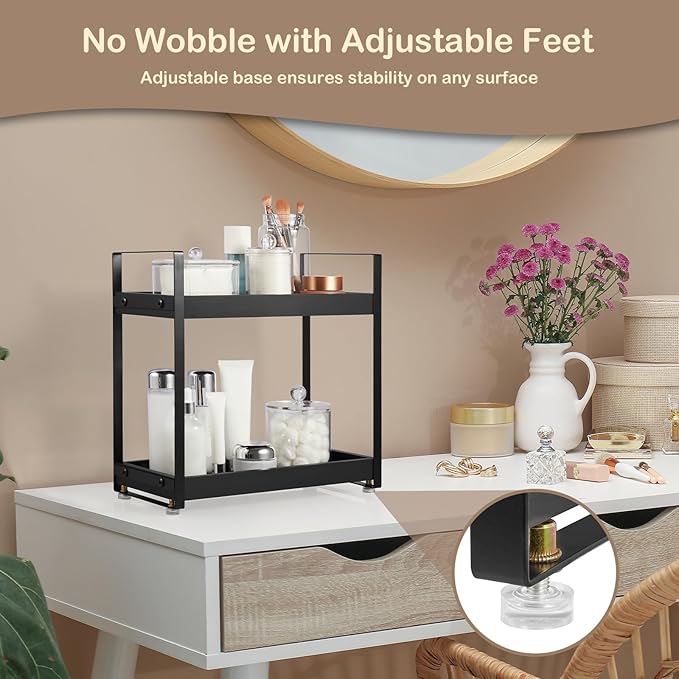 Black Coffee Station Organizer, 2 Tier Wooden Shelf for Coffee Bar Accessories, Countertop Organizer Shelf for Bathroom, Vanity, Kitchen, Perfume, Makeup