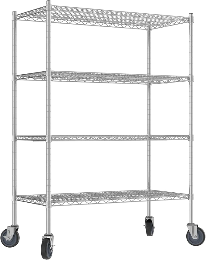 Commercial NSF Listed Chrome Mobile Wire Shelving Kit 21" x 42" x 60", with 4 Shelves Perfect for Warehouse, Walk-in Refrigerator, Freezer, Grocery Store, Restaurant, Dishroom