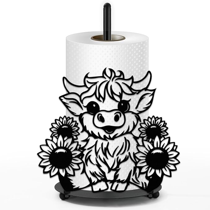 JarThenaAMCS Highland Cow Sunflower Paper Towel Holder Kitchen Decor Accessories Large Black Metal Towel Holder Stand for Farmhouse Home?Party Bathroom Countertop