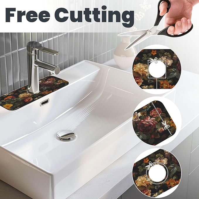 Sink Faucet Mat Elegant Flowers Kitchen Splash Guard Absorbent Bathroom Sink Mat Around Faucet 15" x 5.5" Drying Mats Stone Draining Mat