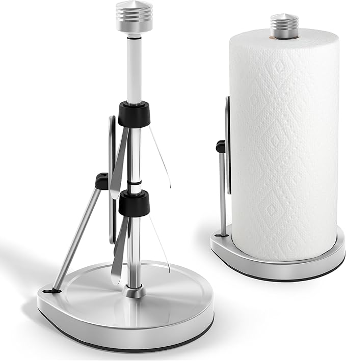 Stainless Steel Tension Arm Paper Towel Holder - Easy One-Handed Operation - This Sturdy Weighted Paper Towel Dispenser Countertop Model Has Suction Cups and Holds All Paper Towel Rolls (Silver)